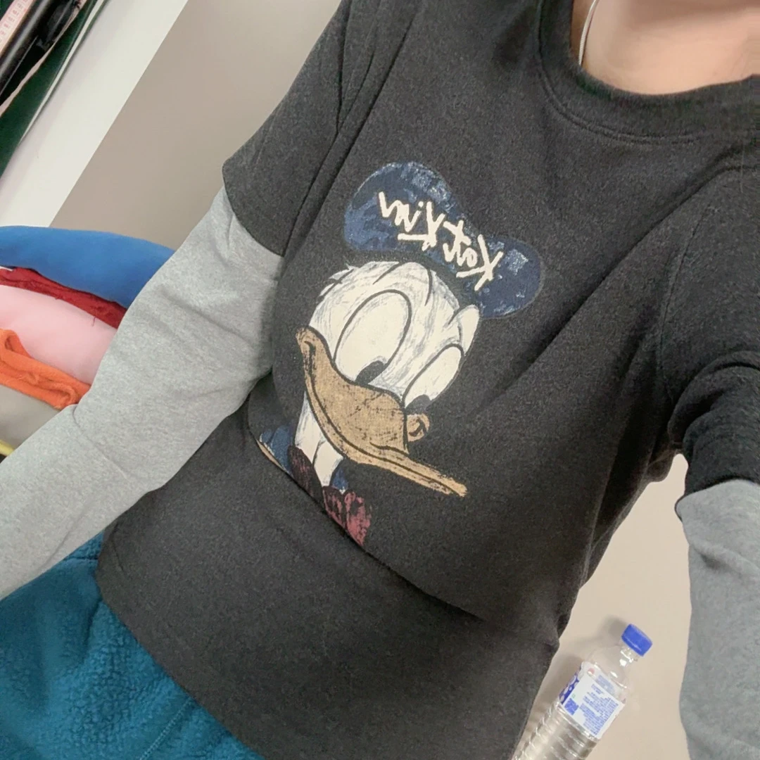 休闲风印花加绒学院风套头长袖时尚假两件T恤拼接