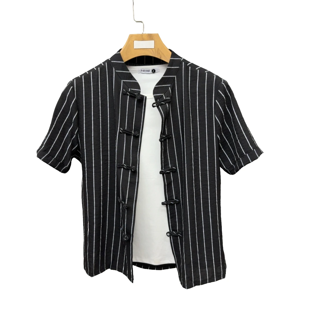 半袖短袖潮流纽扣条纹复古胖子免烫处理唐装轻奢555薄款休闲