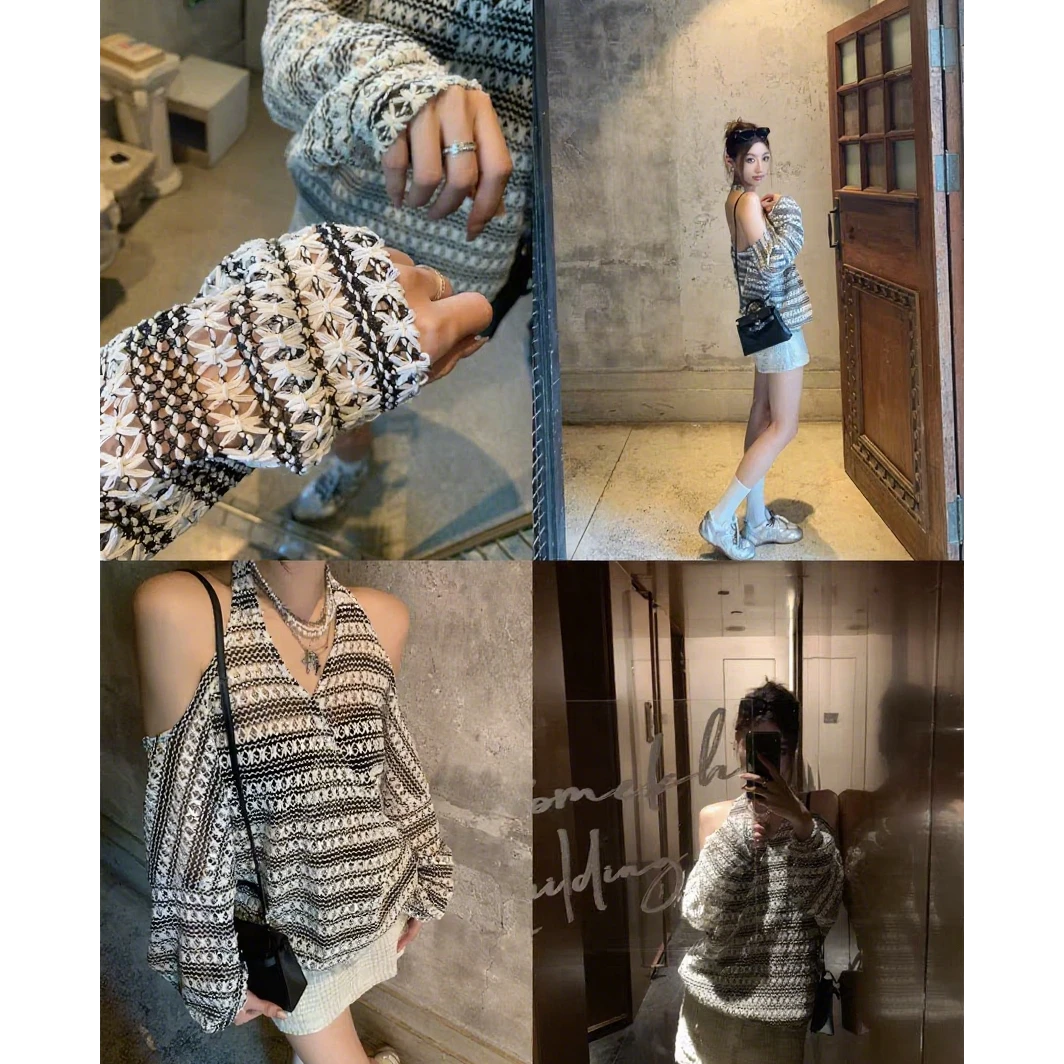 质感系 镂空针织条纹挂脖露背上衣设计女春秋新款百搭