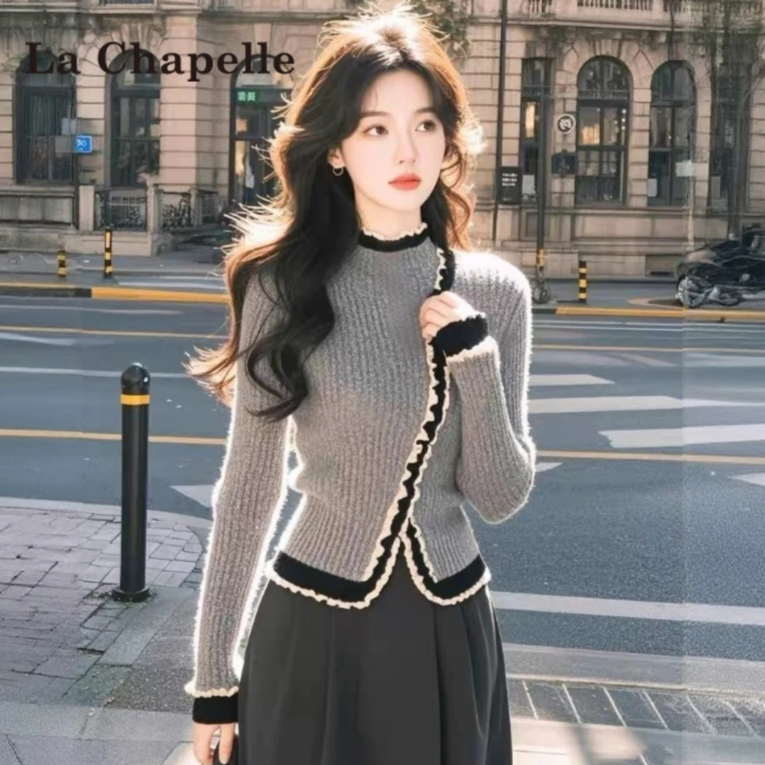 拉夏贝尔法式气质花边毛衣女秋冬修身显瘦不规则温柔风上衣针织衫