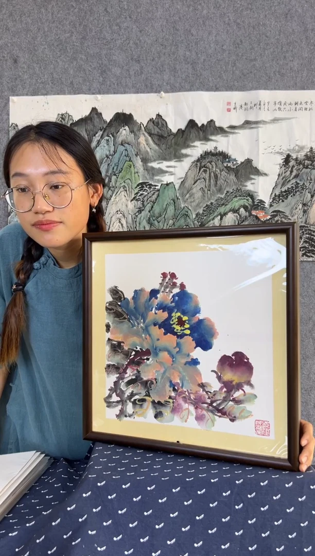 国画纯手绘图41×41cm带框