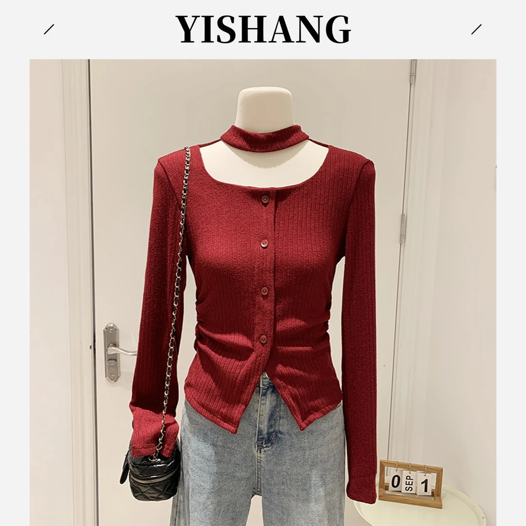 新年红圣诞红方领针织衫女秋冬季法式2025年修身设计感围脖上衣