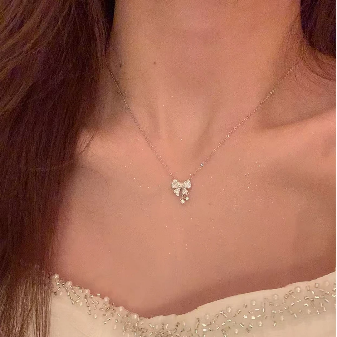 芒果饰品 铜合金项链 夏日韩系百搭闪锆蝴蝶结项链女气质锁骨链