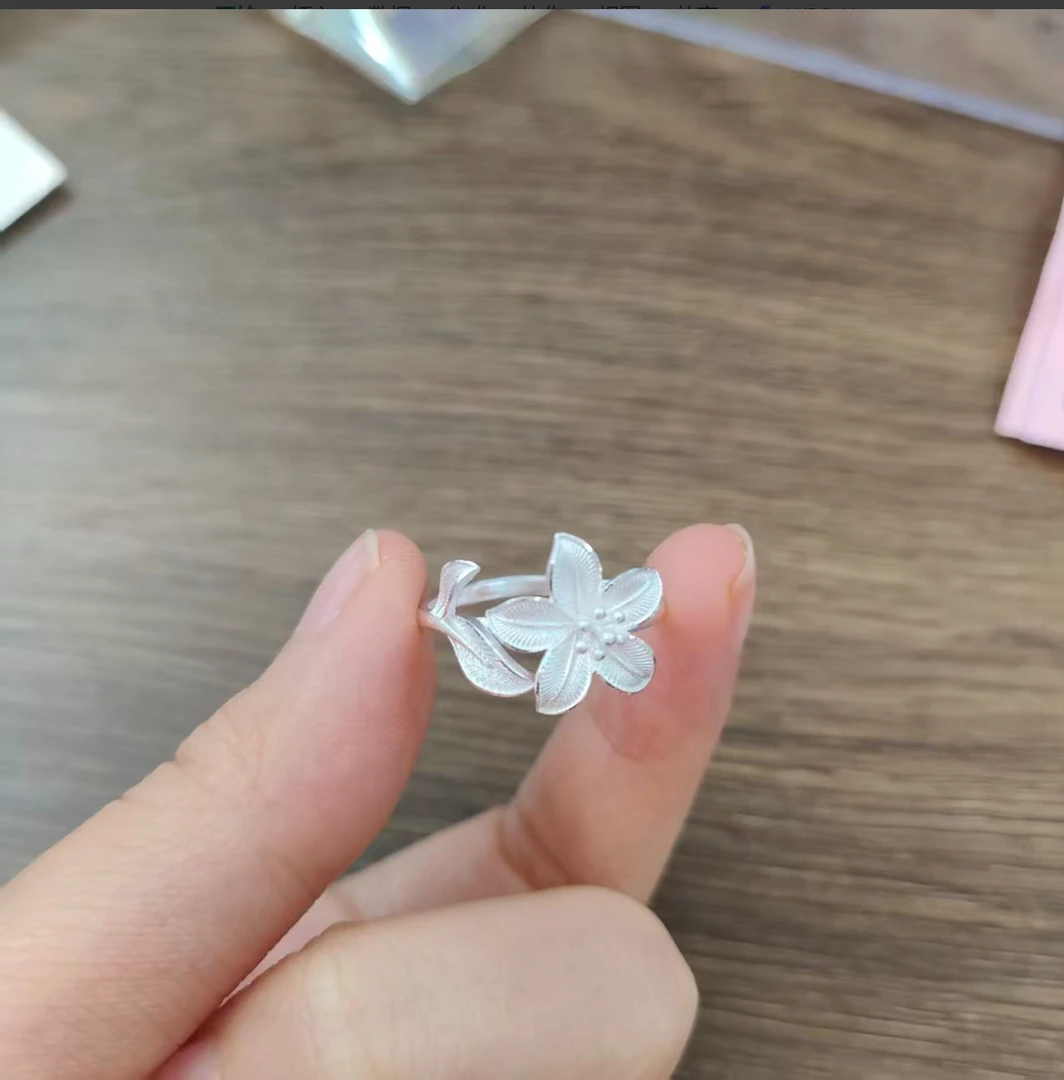 足银戒指 足银风信子双色花朵开口戒指