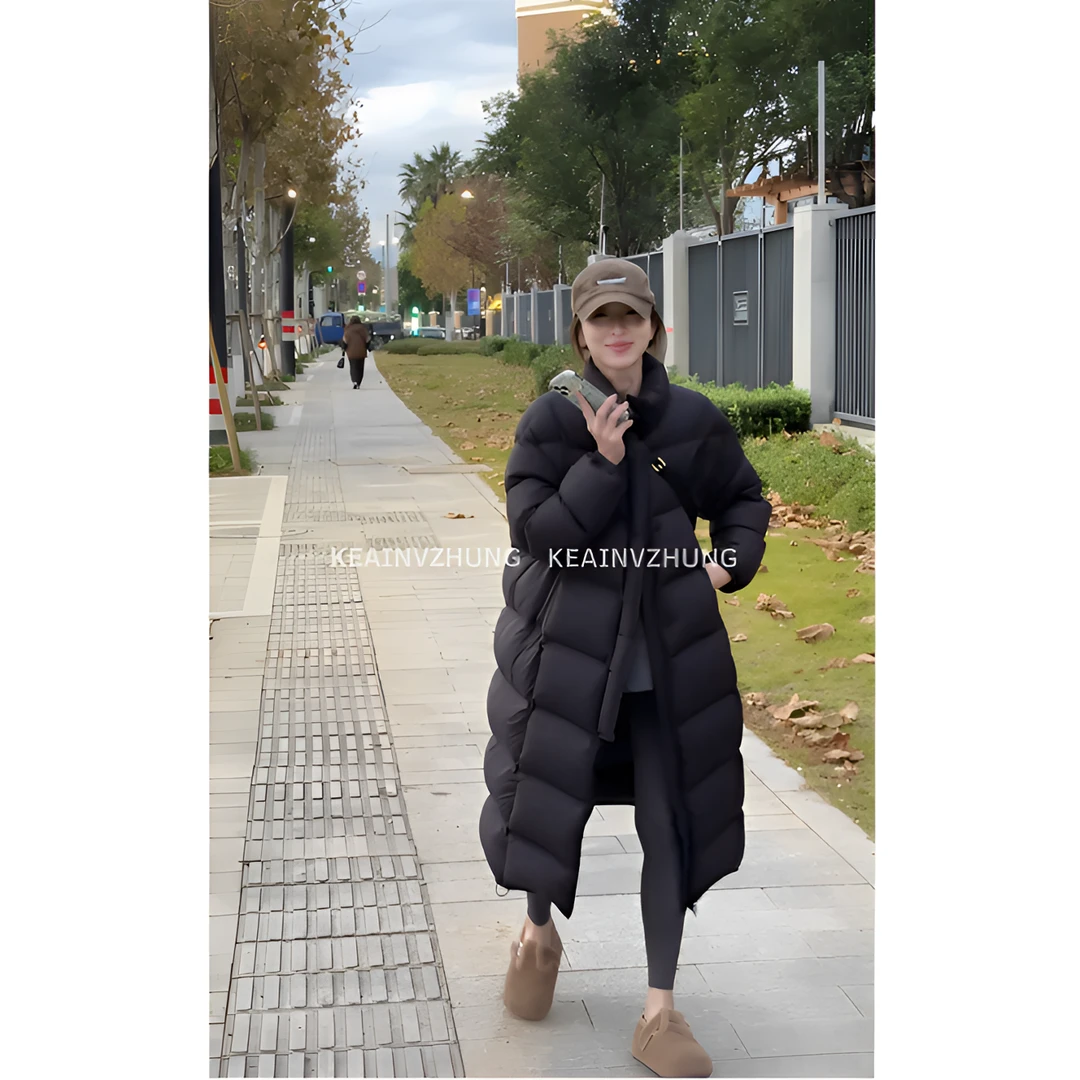 【泡芙轻羽】冬季新款韩版宽松立领长款安心绒新国标90白鸭绒（）