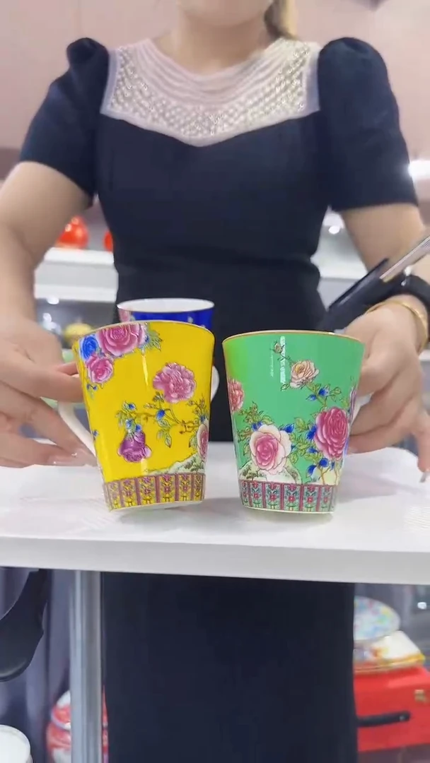 瓷片牡丹花卉杯子2只装景德镇陶瓷