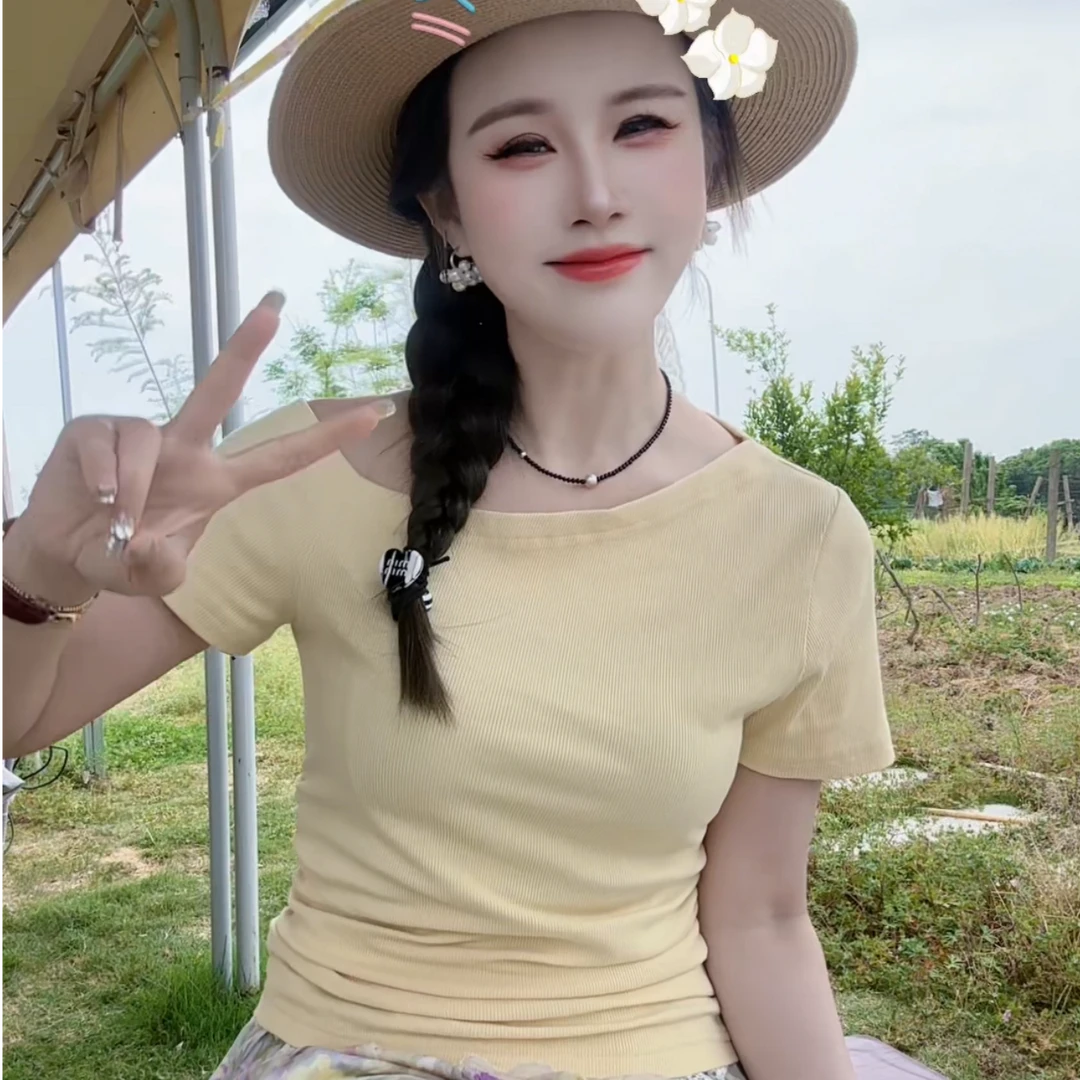 恰逢景梅子自留款短袖女显瘦内搭休闲T恤修身下摆蕾丝收腰斜肩t恤