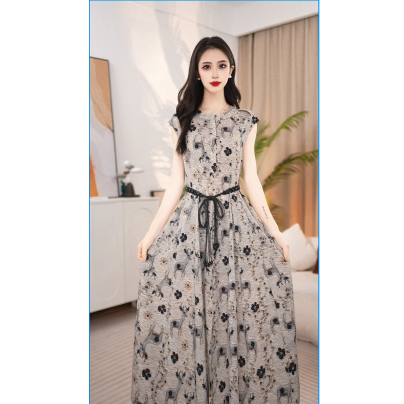 夏季圆领短袖印花高腰套头连衣裙气质国风复古显瘦25B8102