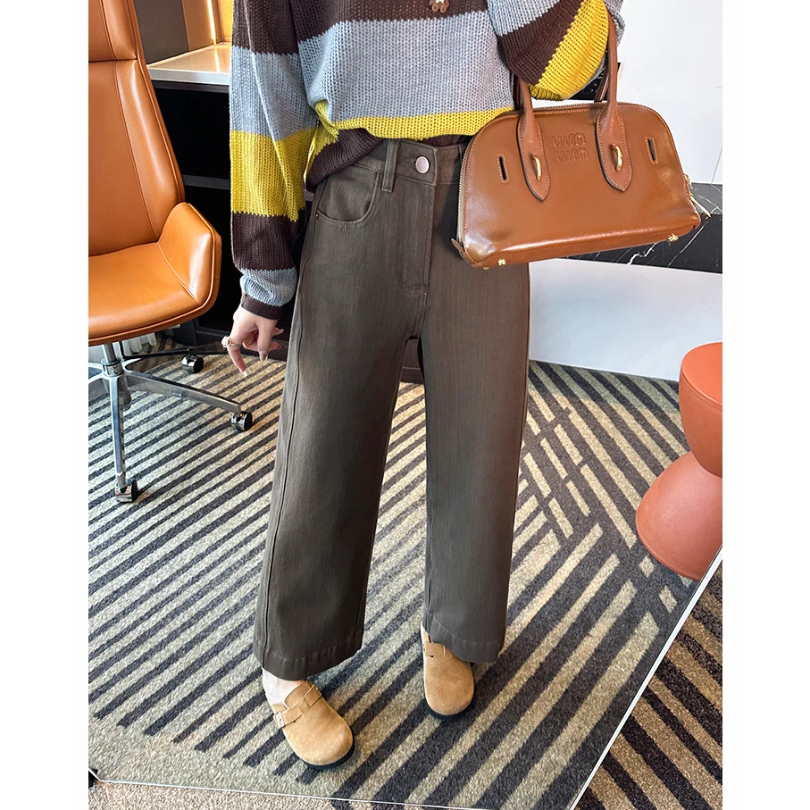 小个子梨形天菜!咖色四面弹阔腿奶奶裤女秋季新款九分直筒牛仔裤