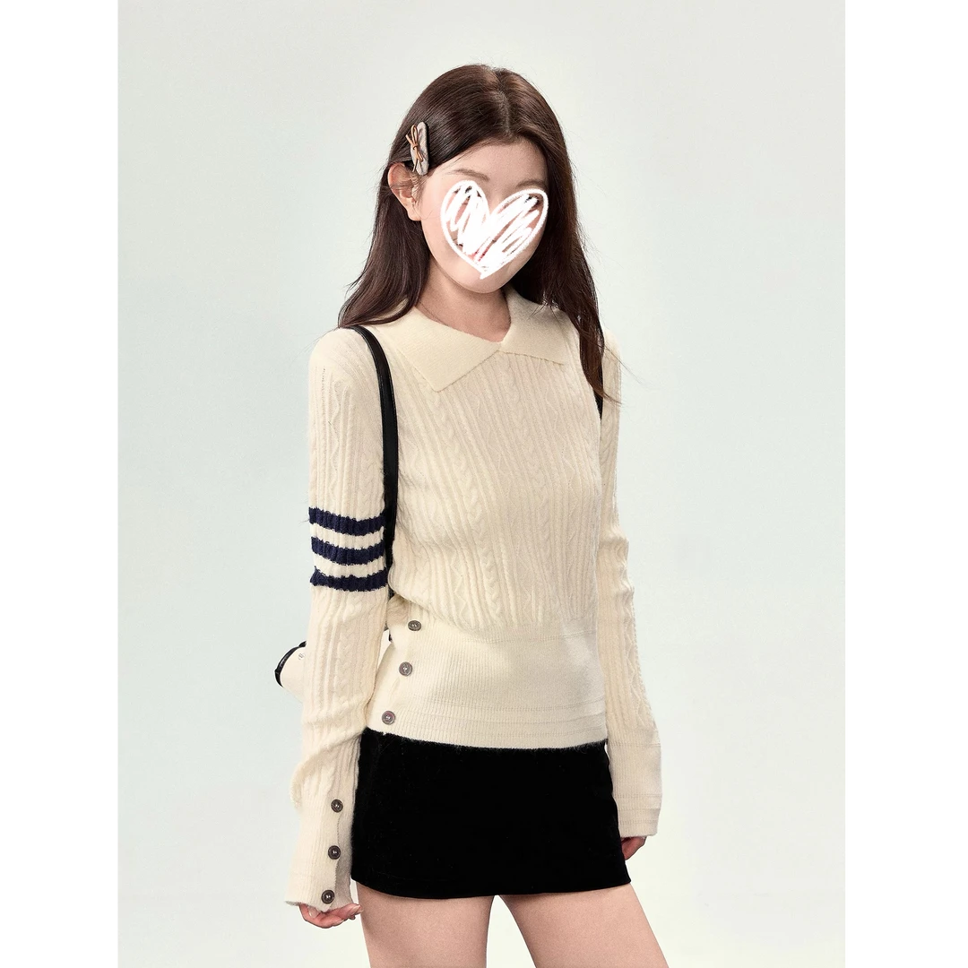 翻领针织衫女上衣2025秋季新款麻花套头学院风毛衣D888