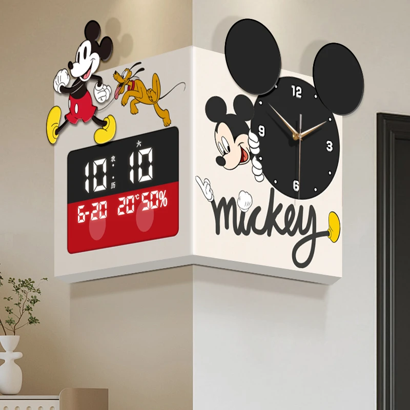 《米奇萌趣》-免打孔客厅双面挂钟马里奥转角时钟新款日历挂画