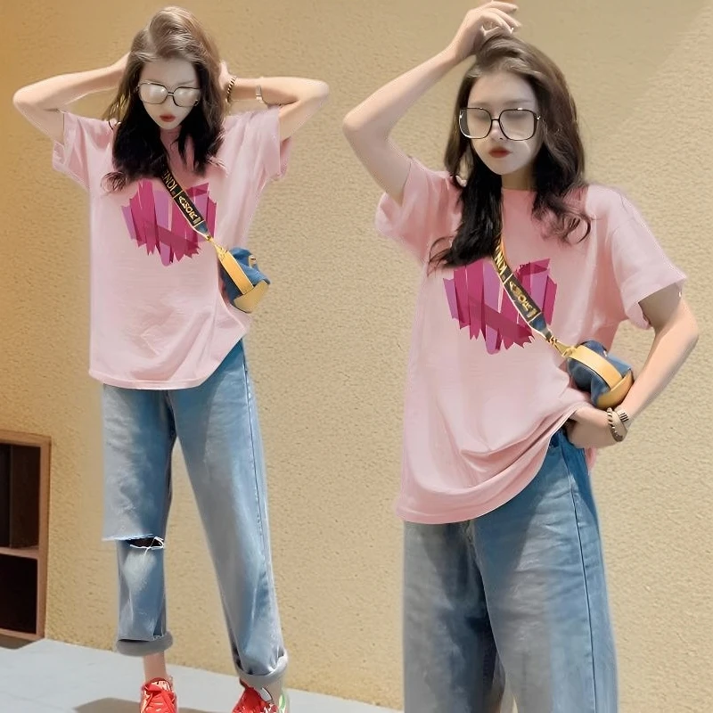 粉色纯棉短袖t恤女装2025年夏季时尚新款韩版宽松显瘦半袖情侣装T