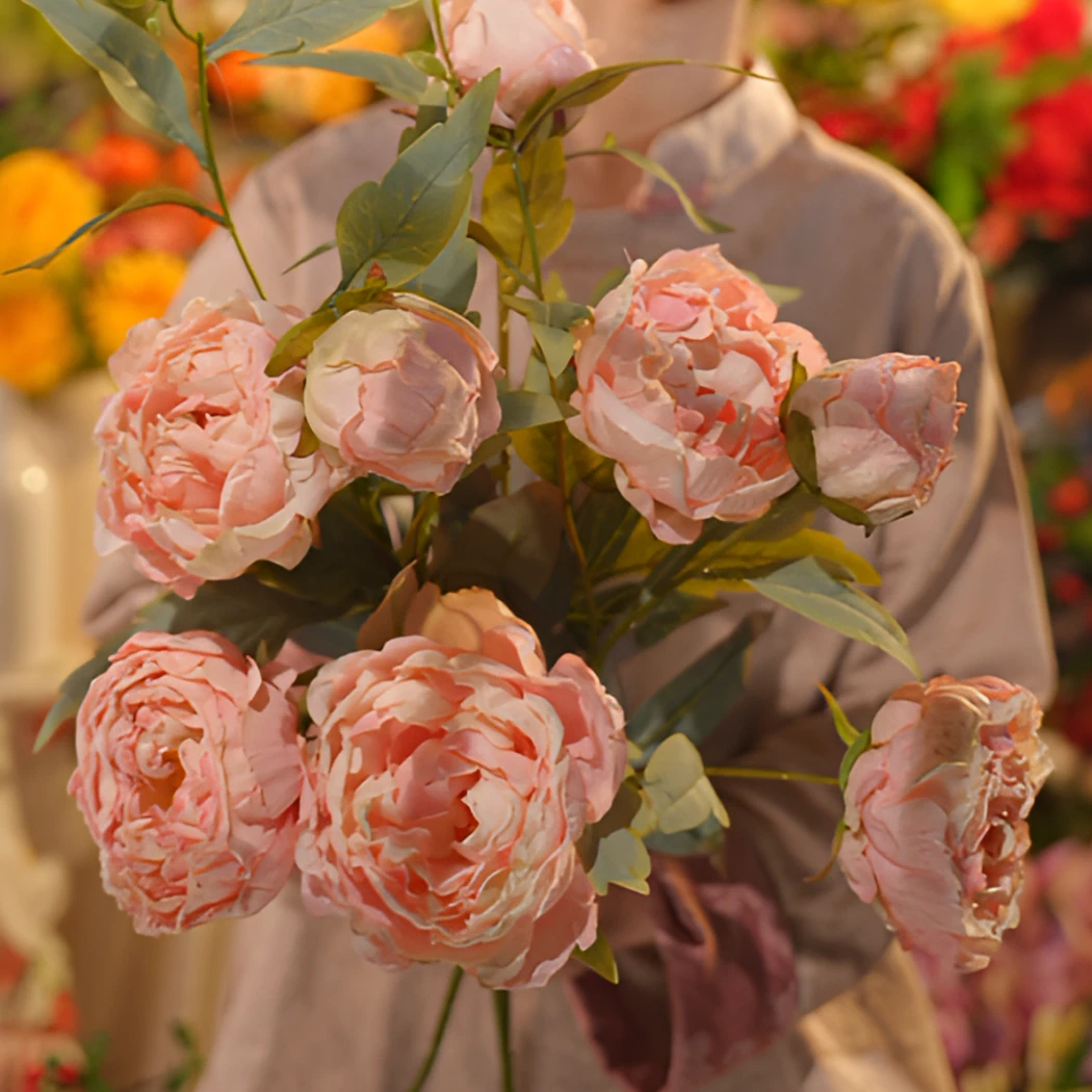 粉色牡丹 焦边牡丹花 仿真花三头牡丹 高级感餐桌花 大支客厅花