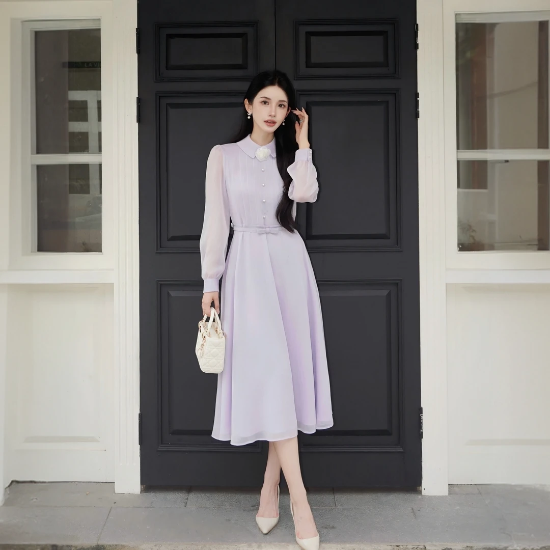 紫色气质薄款连衣裙2025新款国风中式长袖长裙MOGC09WOP035L61
