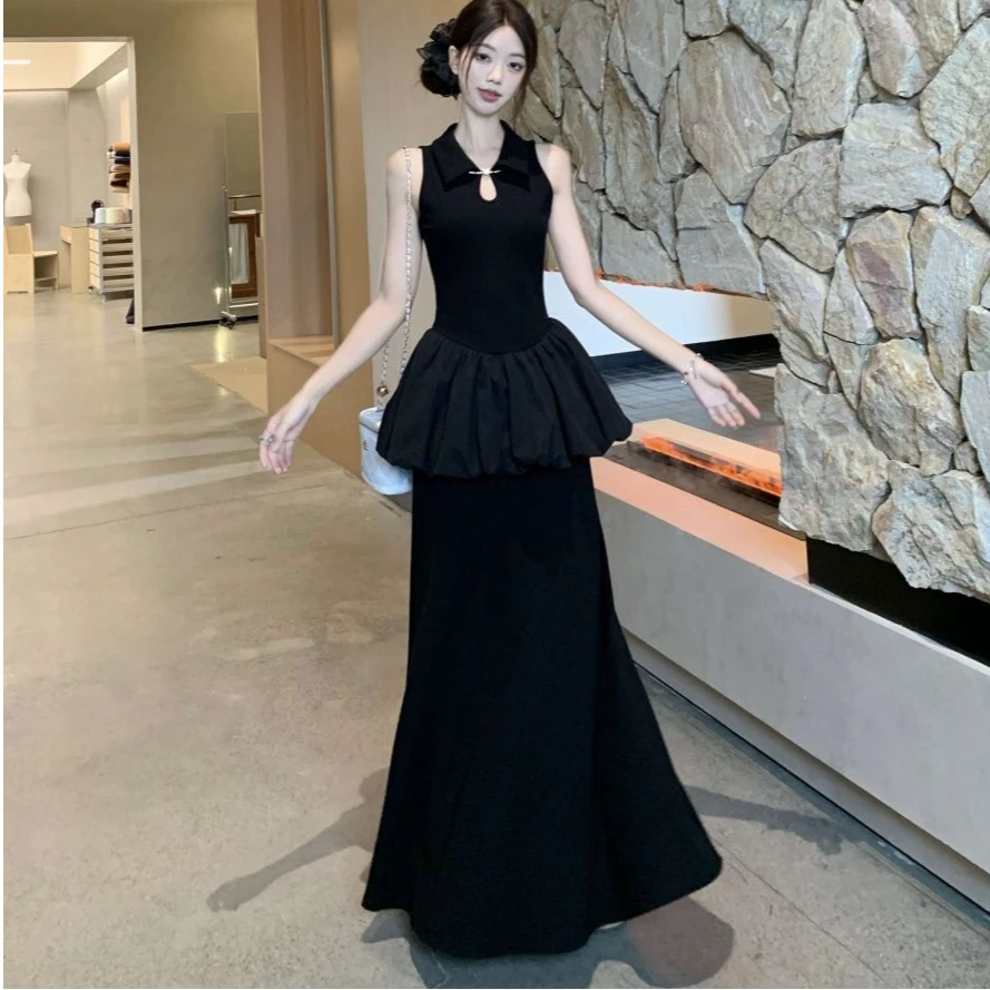 法式优雅高级感翻领夏季短袖连衣裙露肩假两件国风改良气质长裙子