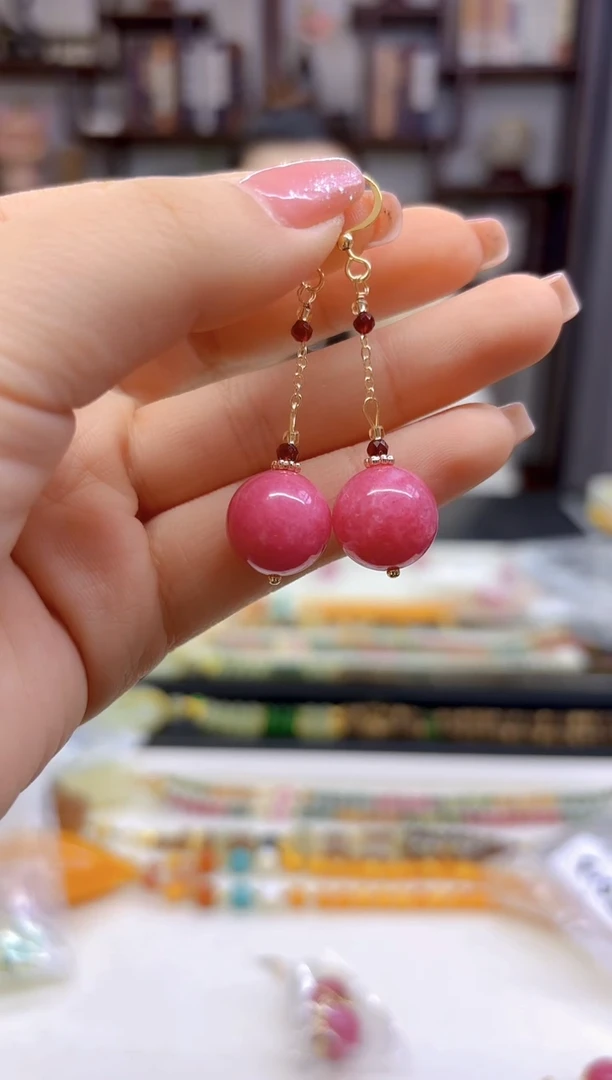 【闪购商品】菱锰矿（红纹石）耳坠14K金镶嵌E613