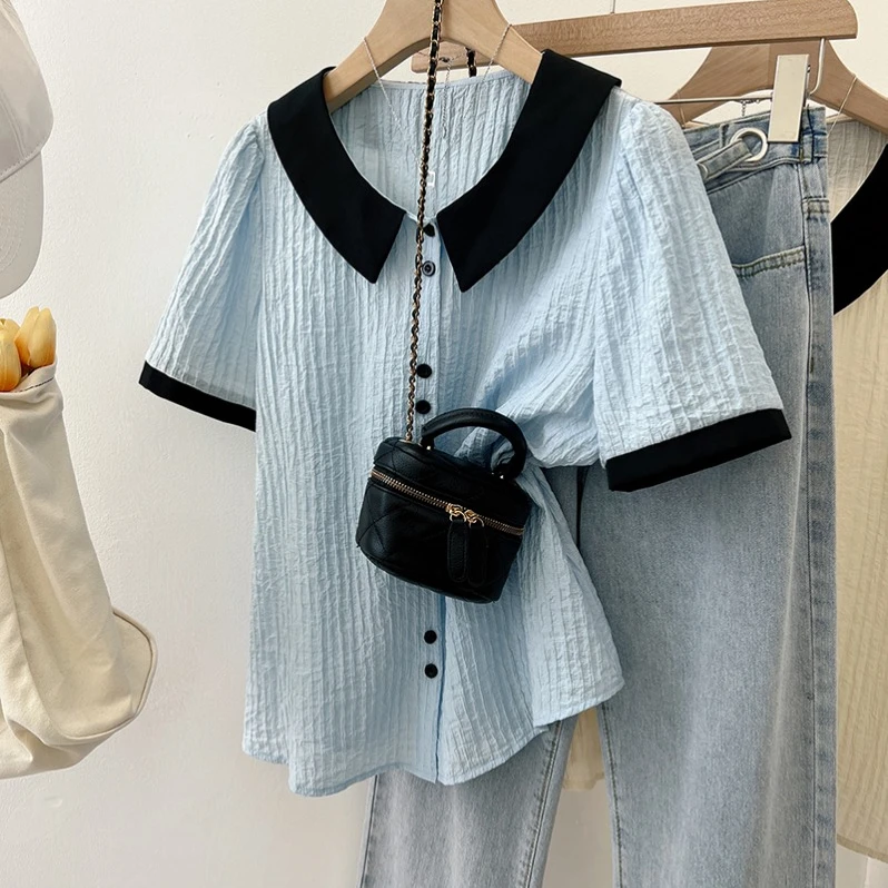 2025夏装新款胖mm大码女韩系撞色肌理感减龄娃娃领短袖衬衫19955