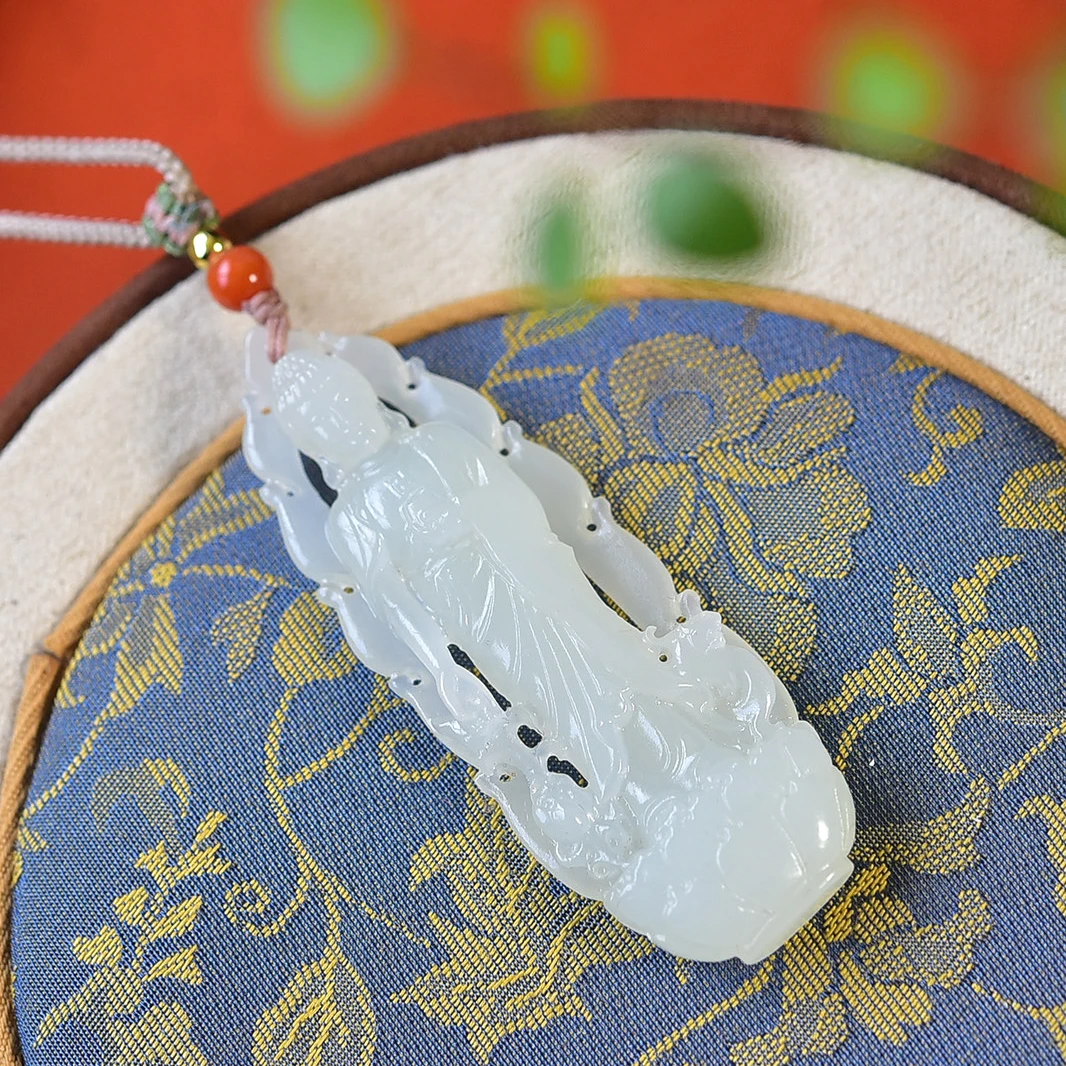 天然和田玉观音菩萨吊坠男士玉观音项链挂件白色玉佩男款精雕