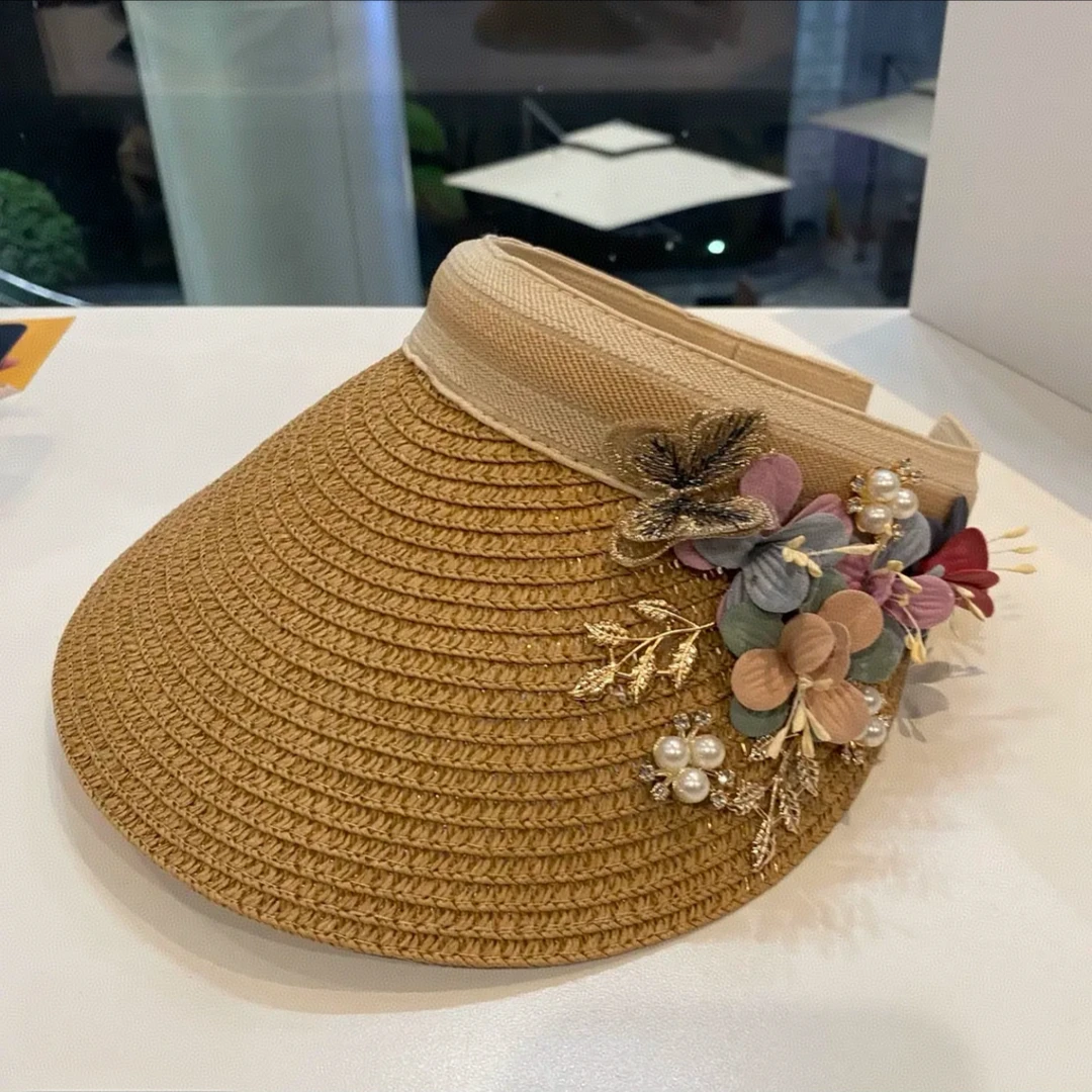 女士空顶花朵手工草编空顶防晒遮阳帽子沙滩大沿帽子