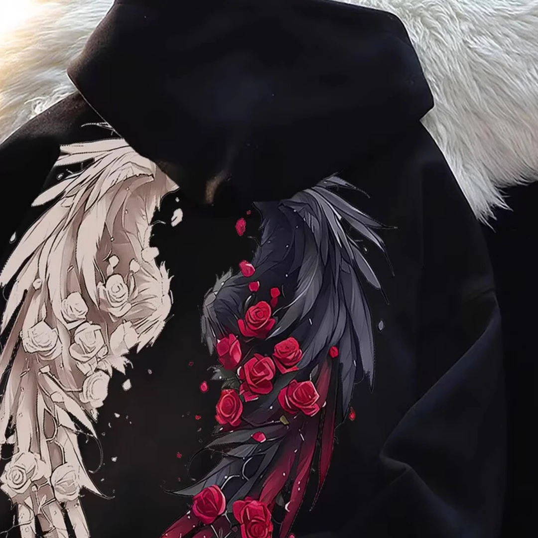 秋冬季美式复古玫瑰花翅膀印花加绒加厚连帽卫衣男女宽松百搭上衣