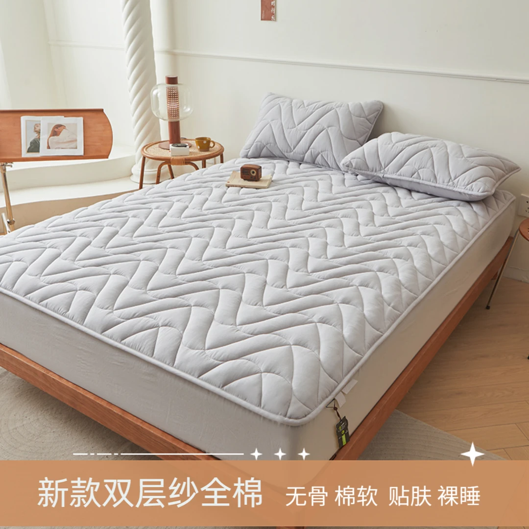 【高端双层纱纯棉全棉床笠】大豆抗菌纤维床罩加厚纯色宽透气棉软