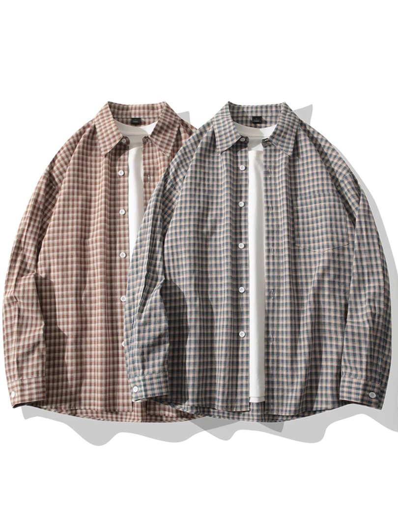 韩版宽松休闲长袖衬衣男春秋高级感精致格纹衬衫港风复古百搭外套