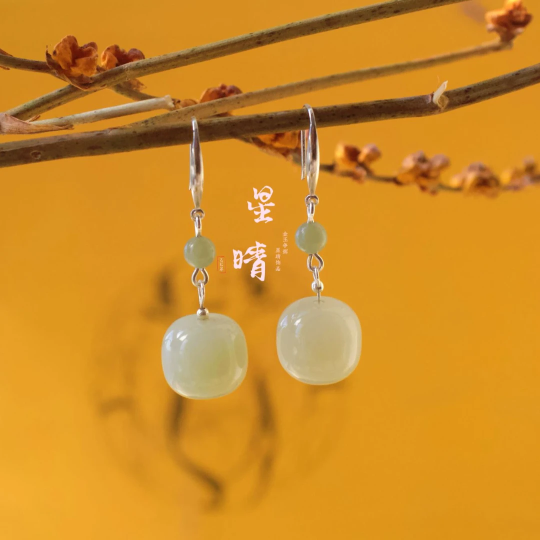 S925银精品和田玉湖水绿桶珠双珠耳钩耳坠