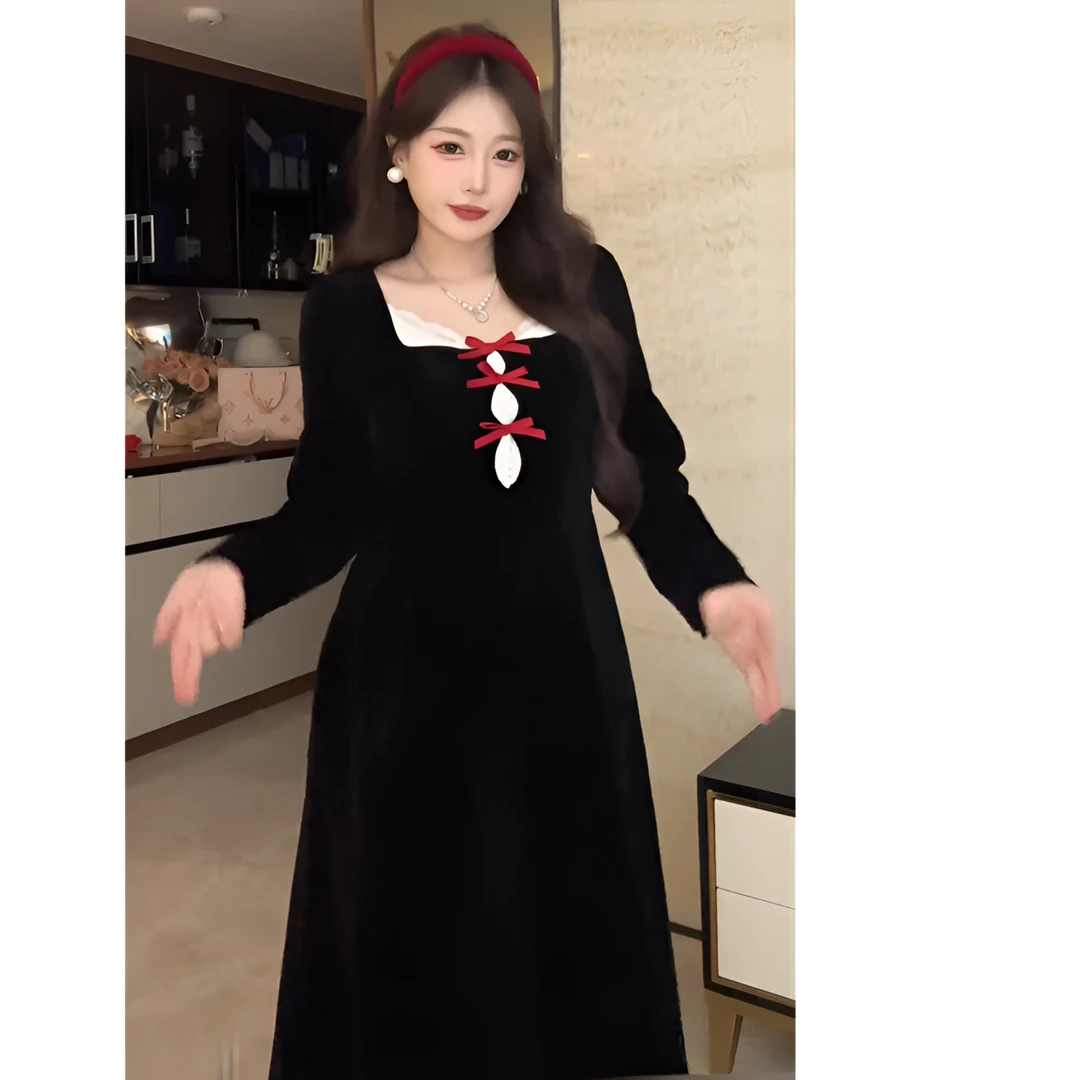 大码法式复古港风长袖蕾丝收腰显瘦女连衣裙秋冬气质裙子10421