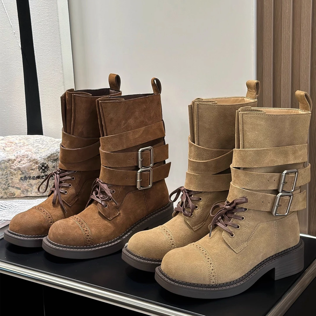 厚底皮带扣做旧马丁靴女新款英伦风帅气复古中筒机车靴女短靴女款