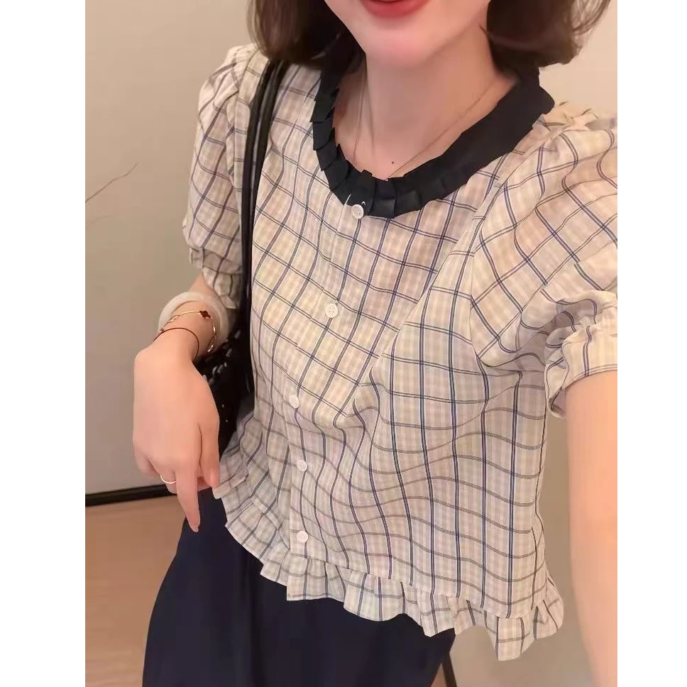 法式木耳边格子短袖衬衫女夏季2025新款漂亮掐腰小衫气质上衣7705