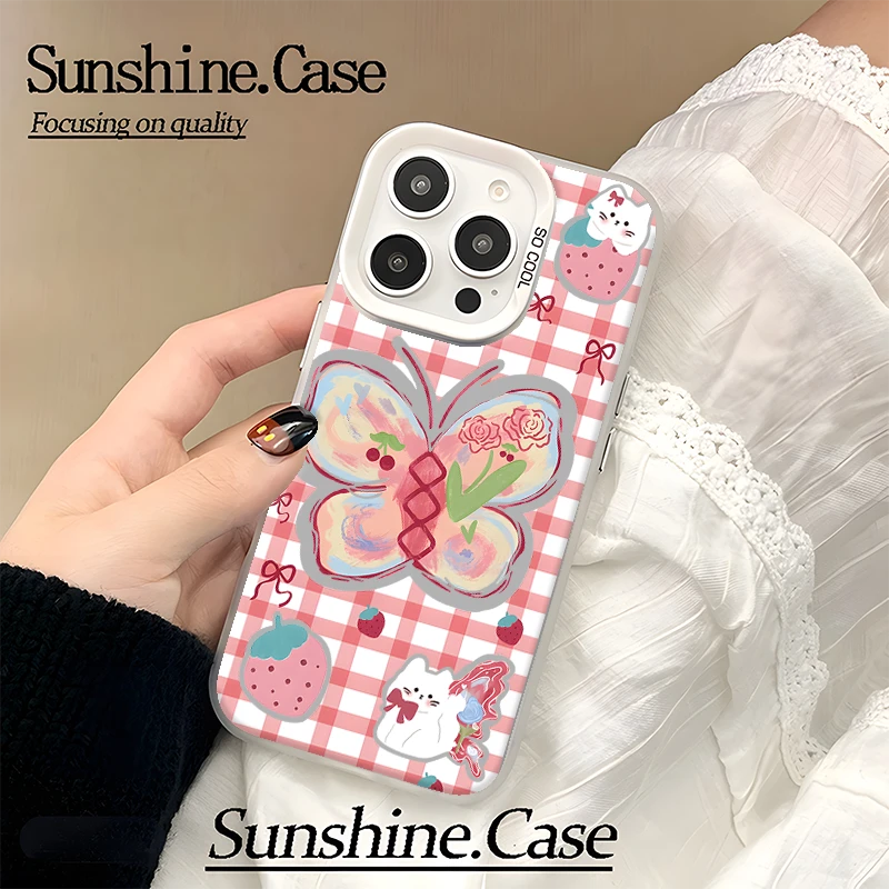 格纹粉涂鸦蝴蝶适用iphone151413彩银手机壳华为vivo小米oppo荣耀