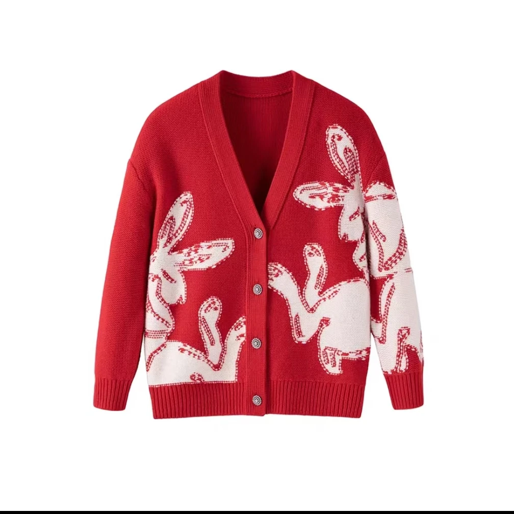 专柜正品100%绵羊毛女秋冬季新年兔子图案红色针织开衫