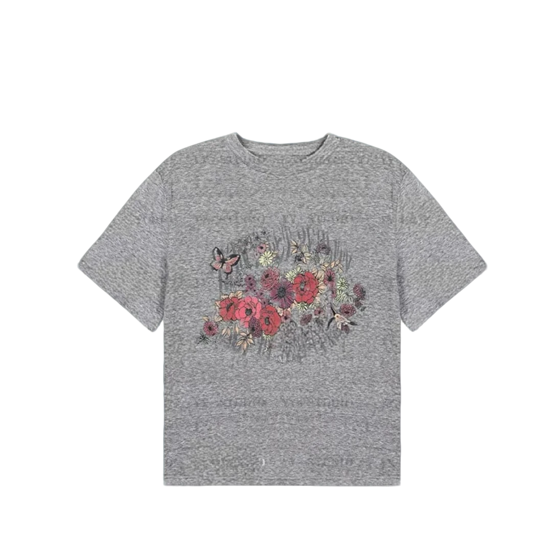 2025蝴蝶花印花短袖百搭夏季上衣T恤灰色
