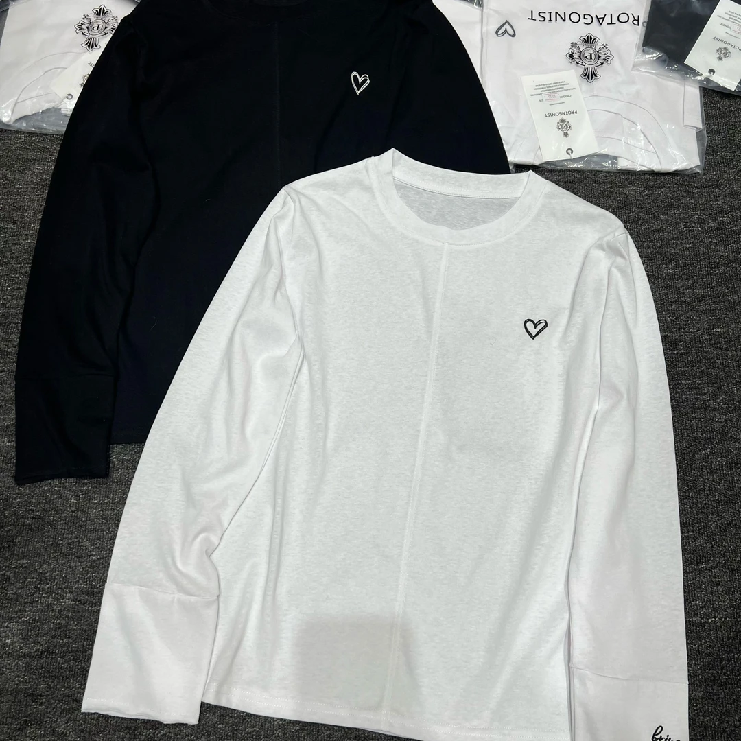 白色圆领打底衫女春秋深圳欧货休闲宽松百搭字母印花长袖T恤上衣