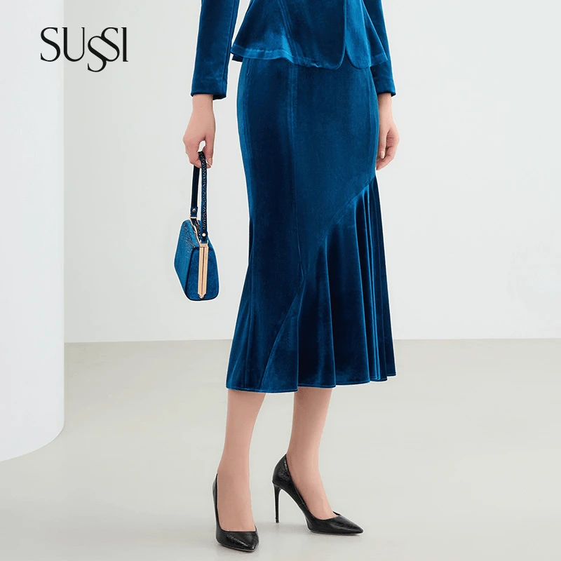 SUSSI/古色春季新品商场同款蓝色通勤丝绒鱼尾裙包臀半身裙女