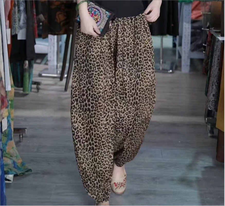 外贸韩版豹纹冰丝束脚裤显高显瘦百搭时尚哈伦裤LXQ1