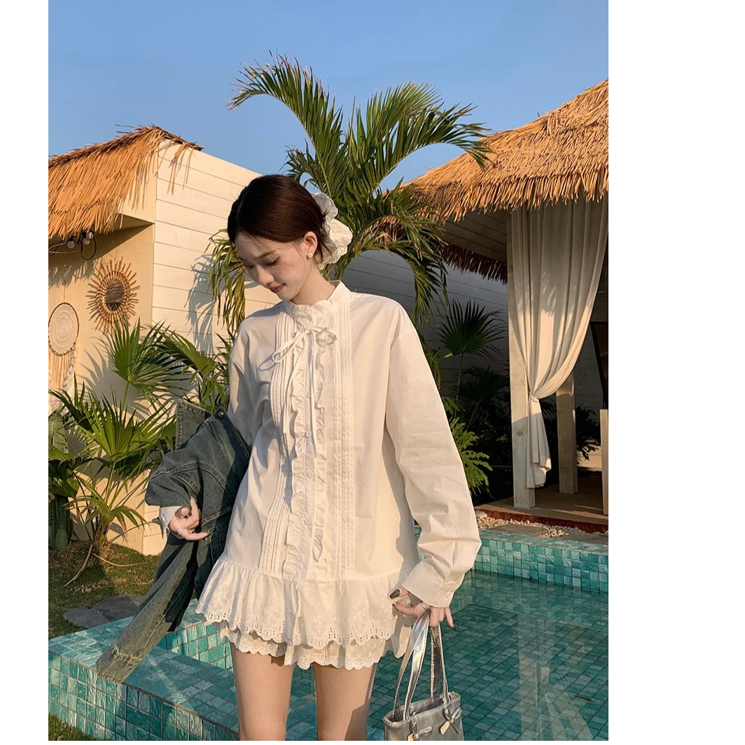 2025早春新款韩系衬衫裙子荷叶边领衬衣小众设计气质显瘦甜美风