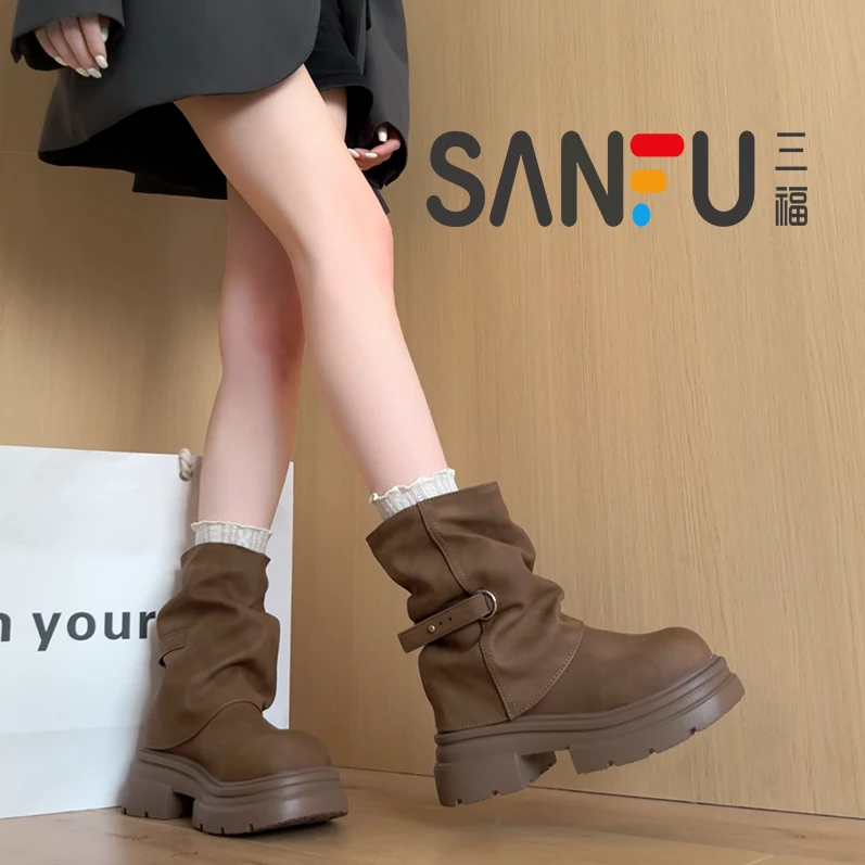 三福短筒马丁靴女2025秋冬季新款英伦风复古美拉德圆头厚底裤管靴