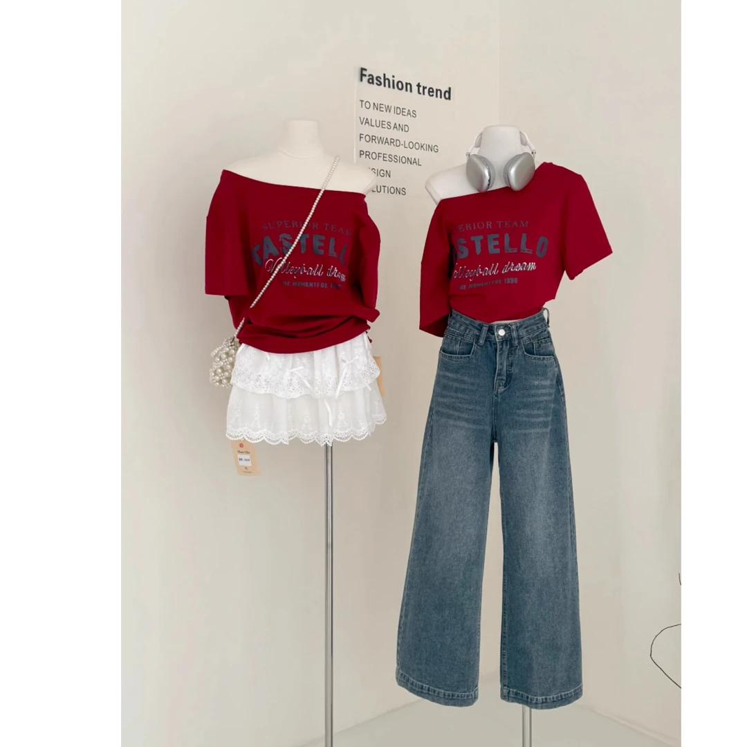 RENA红色元气显白露肩上衣女2025春慵懒宽松百搭短袖一字斜肩T恤