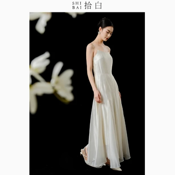 2025新中式吊带连衣裙女夏设计感收腰显瘦百褶鱼尾纱裙SU4530