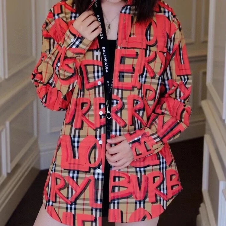 99新 BURBERRY/博柏利 010871 字母格纹印花长袖衬衫 S码