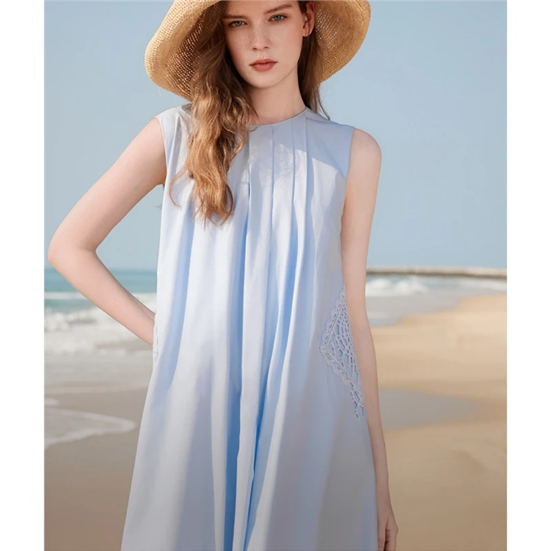IC航海洋气度假花边无袖连衣裙女2025夏季新款设计感优雅背心裙