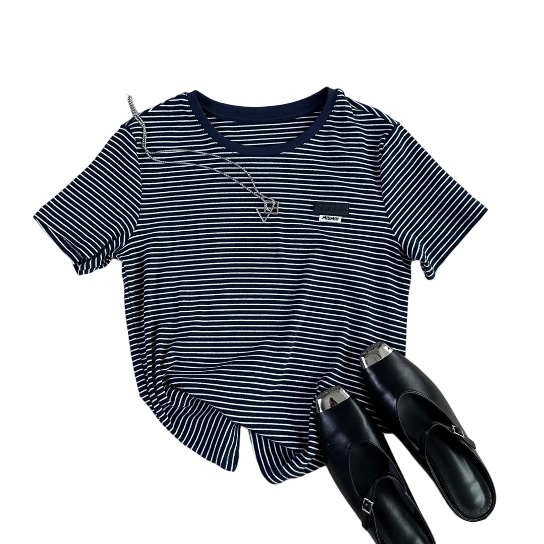 阿瓜专属  简约舒适圆领刺绣条纹短袖T恤 T851 2106 AD