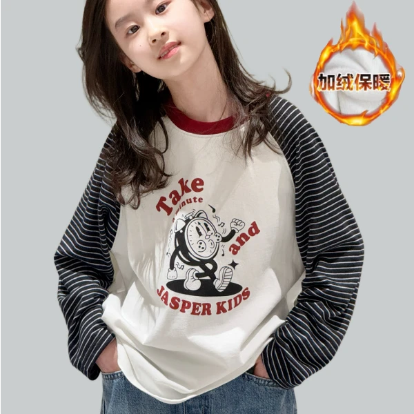 秋冬儿童卡通印花条纹插肩袖上衣男女童韩版宽松休闲长袖加绒T恤