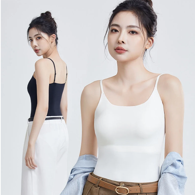 凉感背心女士弹性包容舒适承托胸垫修身显瘦无痕贴肤时尚白色吊带
