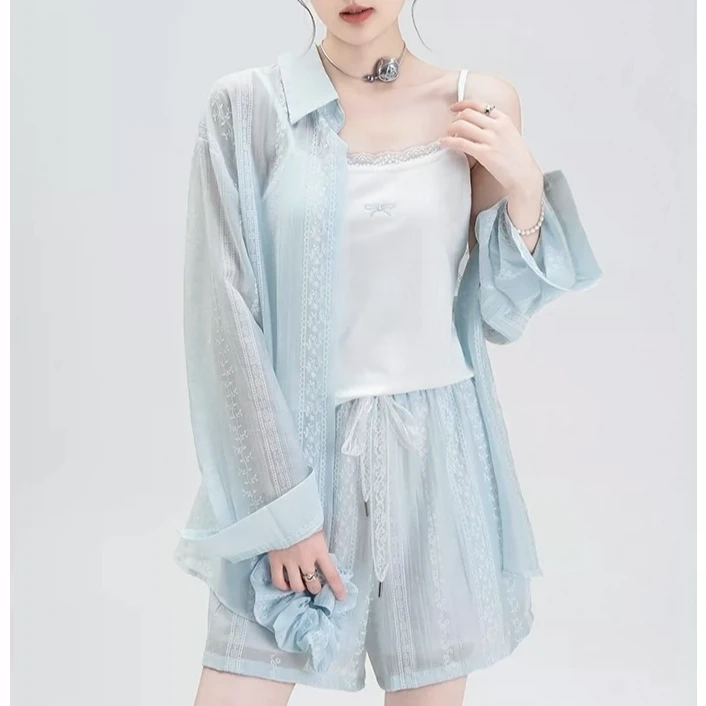 夏日多巴胺莱赛尔天丝防晒衬衫+蕾丝吊带背心+短裤三件套装显瘦