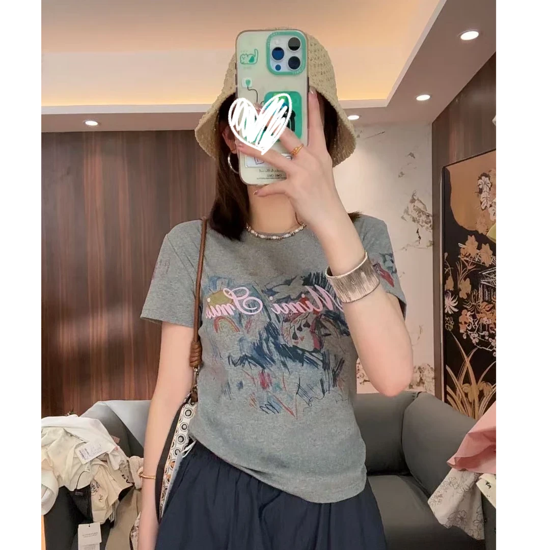 春夏装2025年新款彩绘短袖T恤印花圆领显瘦休闲短袖上衣女9218