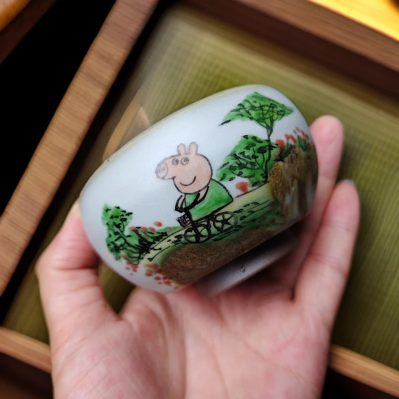 清仓 陶瓷手绘童趣佩奇 功夫茶品茗杯 个人专用杯 创意复古杯