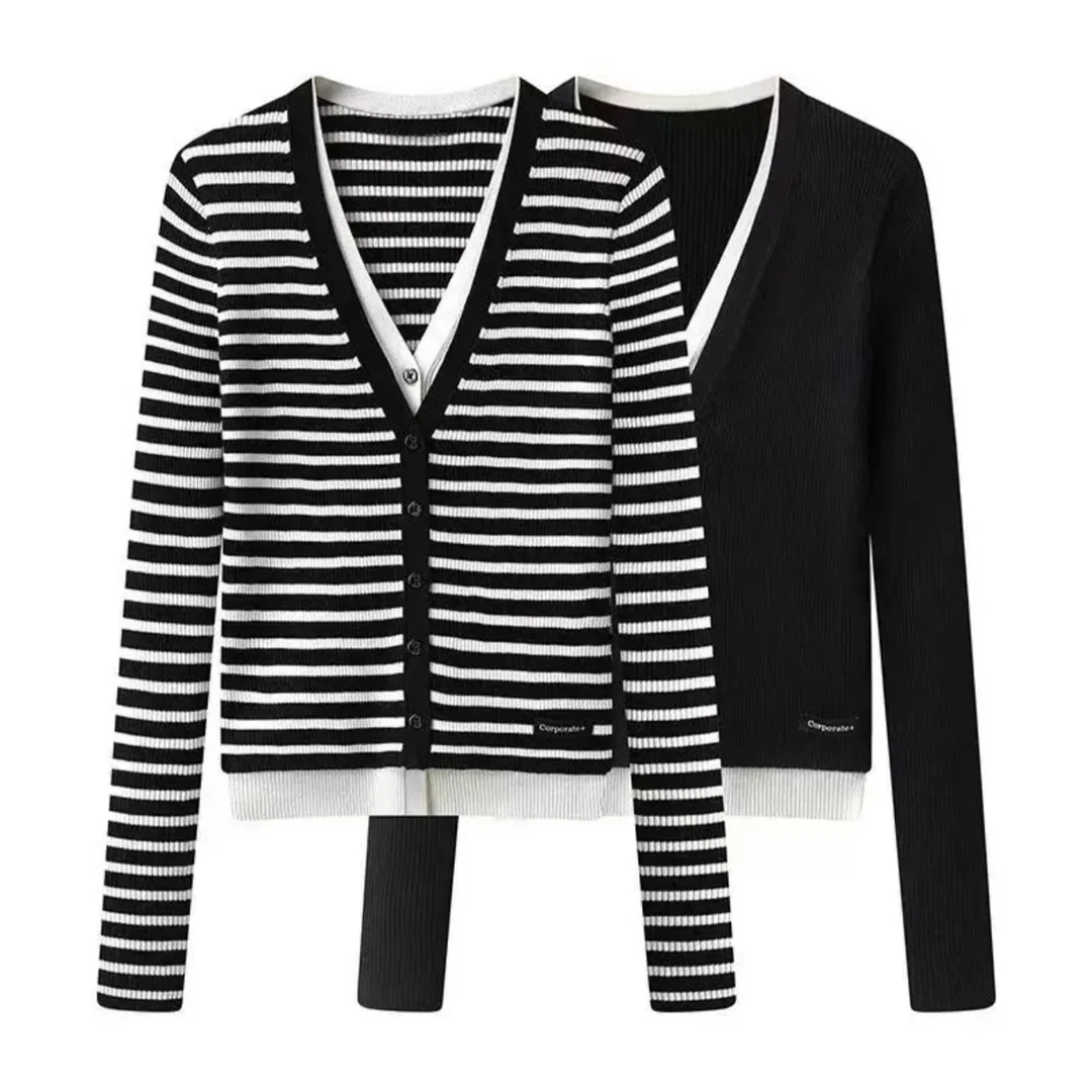 【VO高定】2024秋冬V领设计感条纹撞色拼接吸纳收假两件毛针织衫女