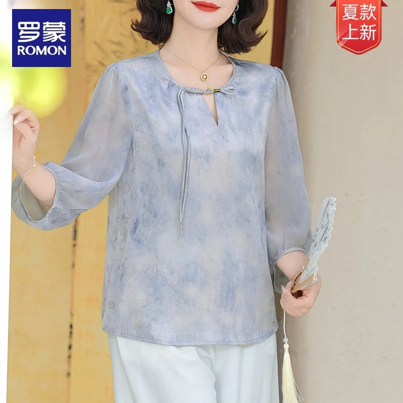 罗蒙中老年女2025年夏季爆款显瘦透气冰感宽松印花母亲节妈妈套装